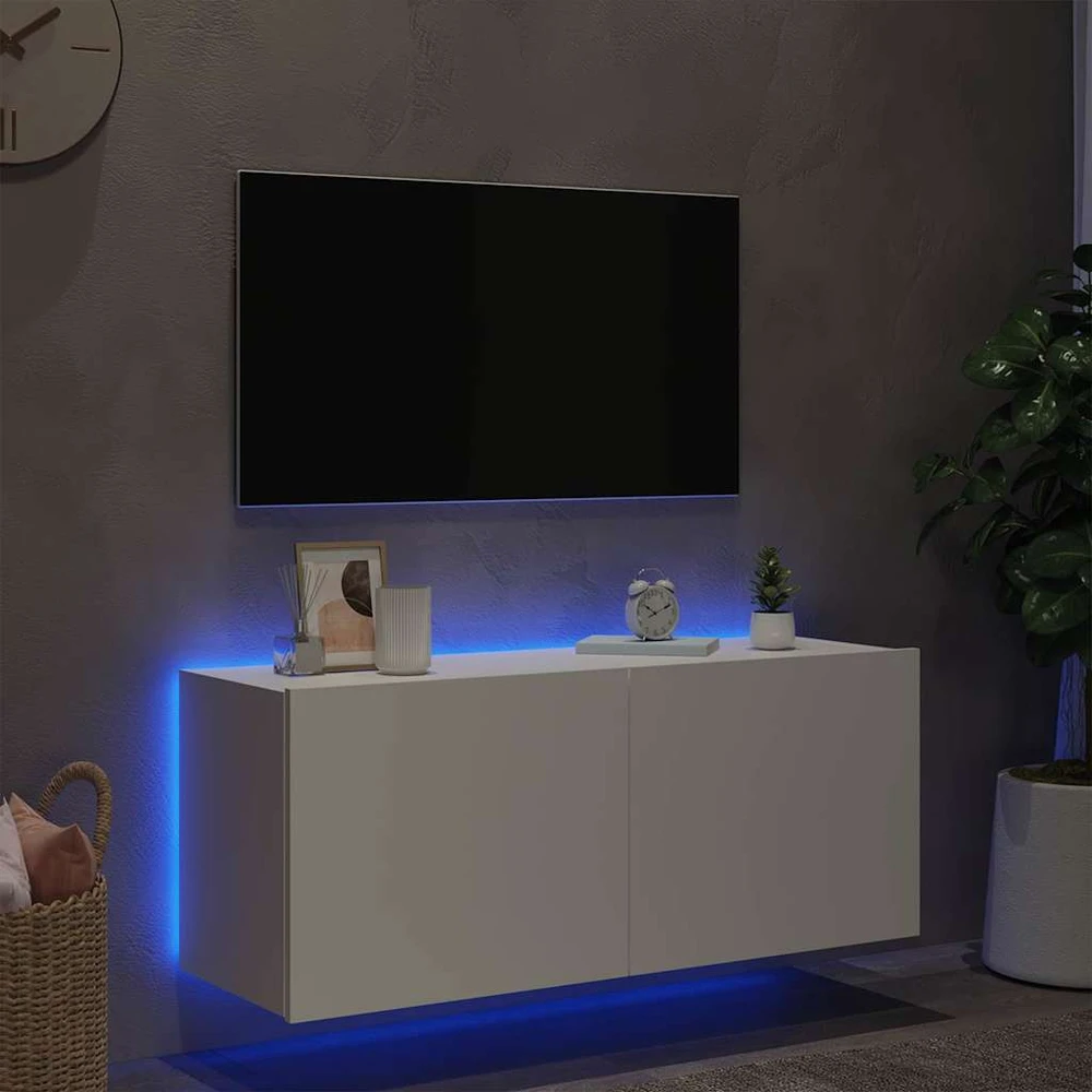 TV staliukas Sieninė TV spintelė su LED lemputėmis, balta, 100x35x41cm