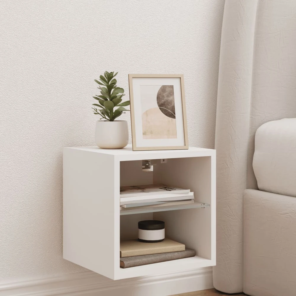 TV staliukas Sieninė TV spintelė su LED lemputėmis, balta, 30x28,5x30cm