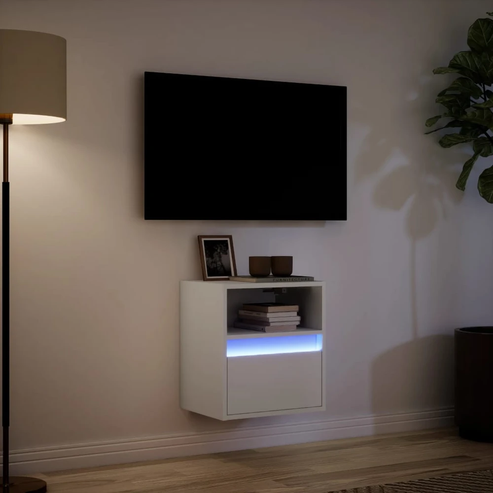 TV staliukas Sieninė TV spintelė su LED lemputėmis, balta, 41x31x45cm
