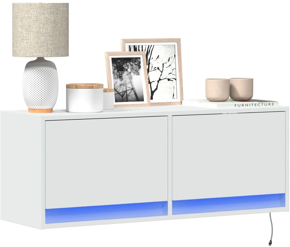 TV staliukas Sieninė TV spintelė su LED lemputėmis, balta, 100x31x35cm