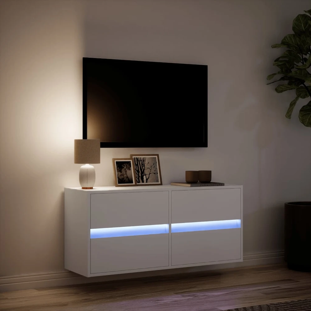 TV staliukas Sieninė TV spintelė su LED lemputėmis, balta, 100x31x45cm