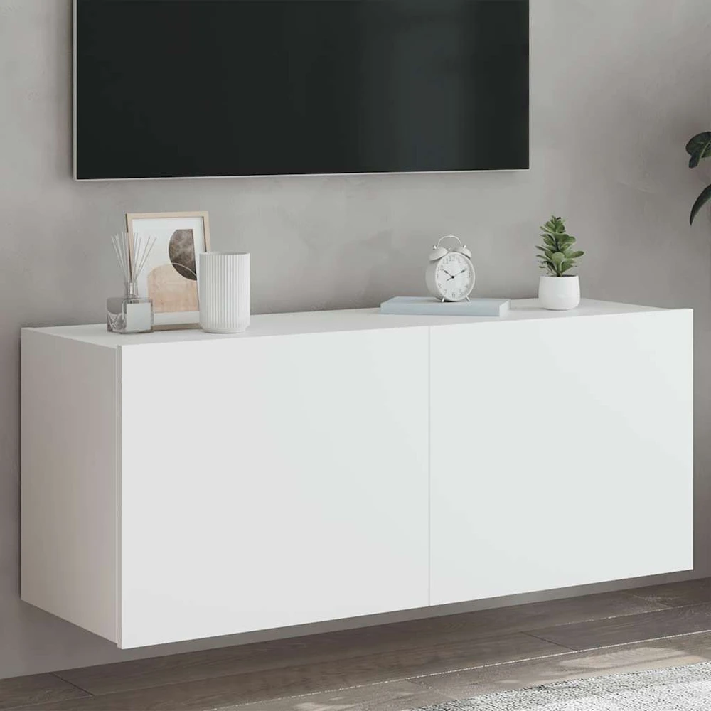 TV staliukas Sieninė TV spintelė su LED lemputėmis, balta, 100x35x41cm