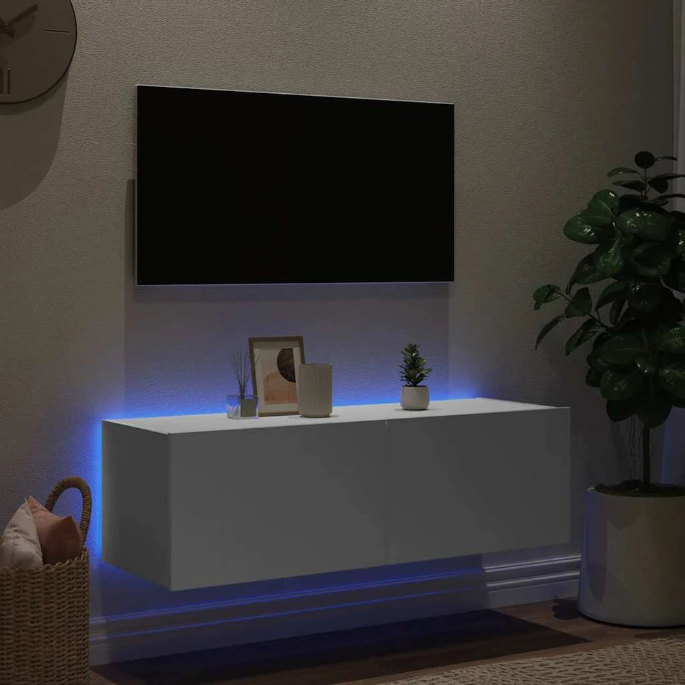 TV staliukas Sieninė TV spintelė su LED lemputėmis, balta, 100x35x31cm