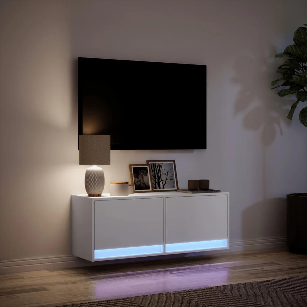TV staliukas Sieninė TV spintelė su LED lemputėmis, balta, 100x31x35cm