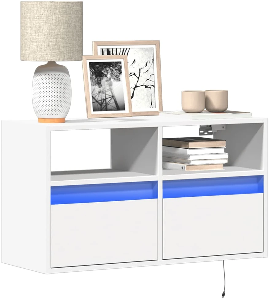 TV staliukas Sieninė TV spintelė su LED lemputėmis, balta, 80x31x45cm