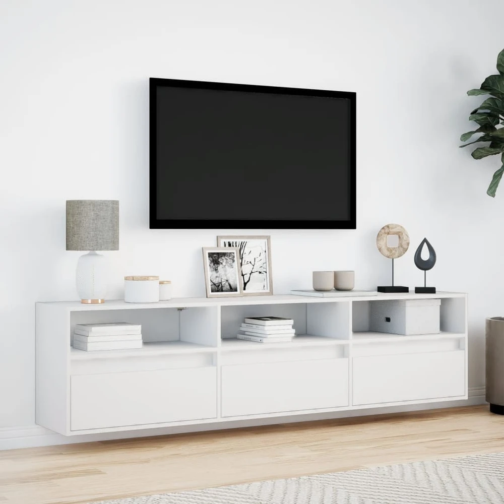 TV staliukas Sieninė TV spintelė su LED lemputėmis, balta, 180x31x45cm