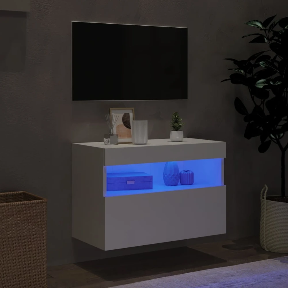 TV staliukas Sieninė TV spintelė su LED lemputėmis, balta, 60x30x40cm