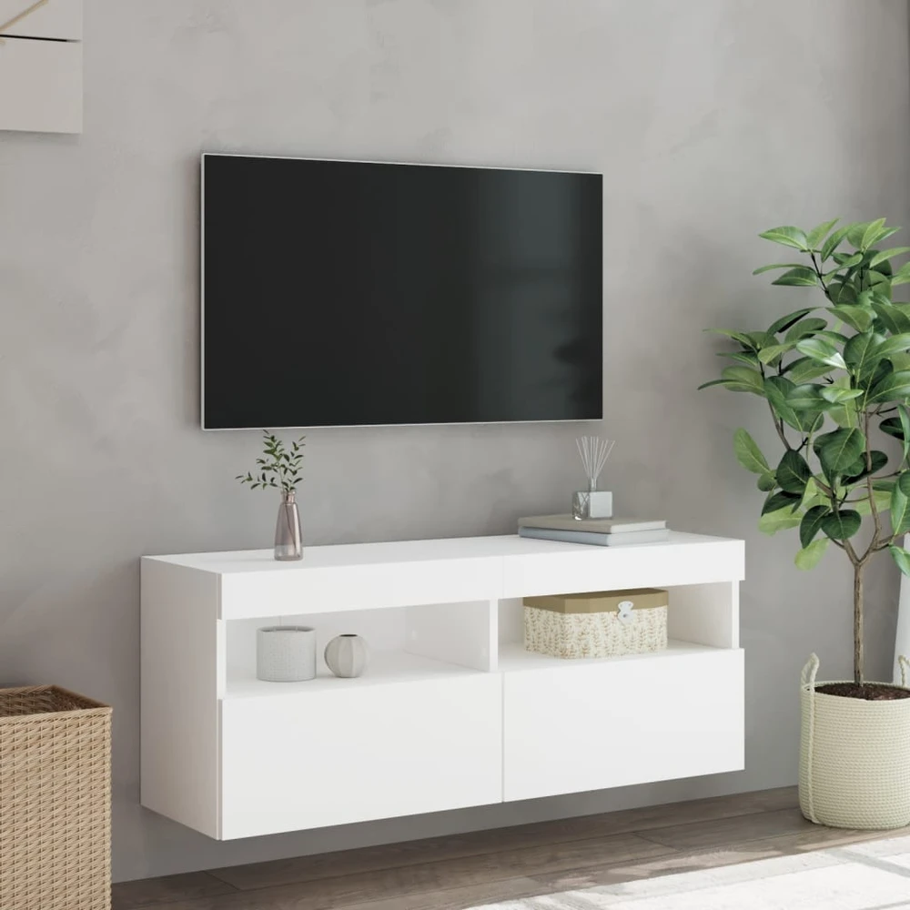 TV staliukas Sieninė TV spintelė su LED lemputėmis, balta, 100x30x40cm