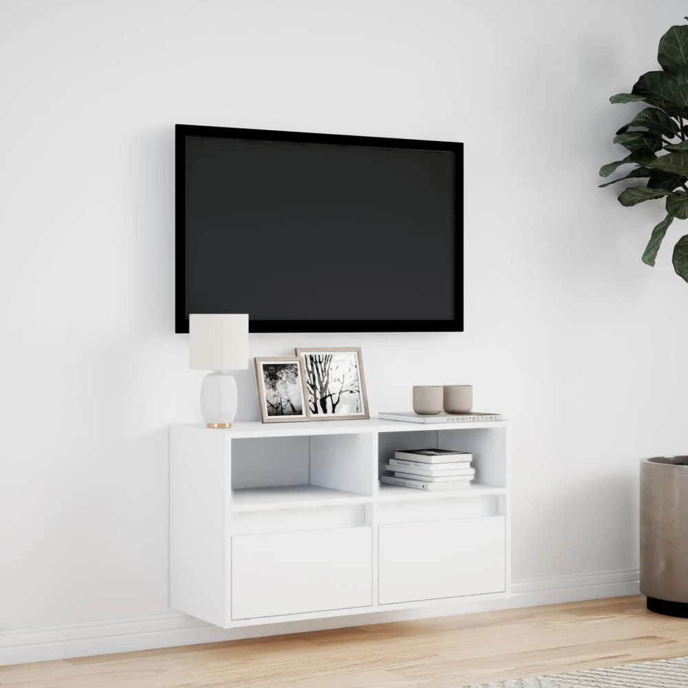 TV staliukas Sieninė TV spintelė su LED lemputėmis, balta, 80x31x45cm