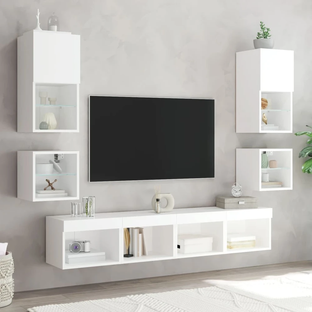 TV staliukas Sieninė TV spintelė su LED lemputėmis, balta, 30x28,5x30cm