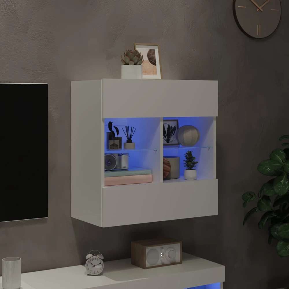 TV staliukas Sieninė TV spintelė su LED lemputėmis, balta, 58,5x30x60,5cm