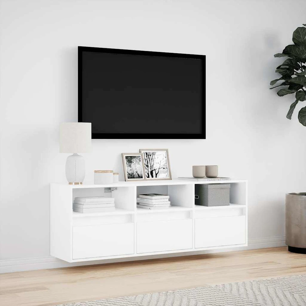 TV staliukas Sieninė TV spintelė su LED lemputėmis, balta, 130x31x45 cm