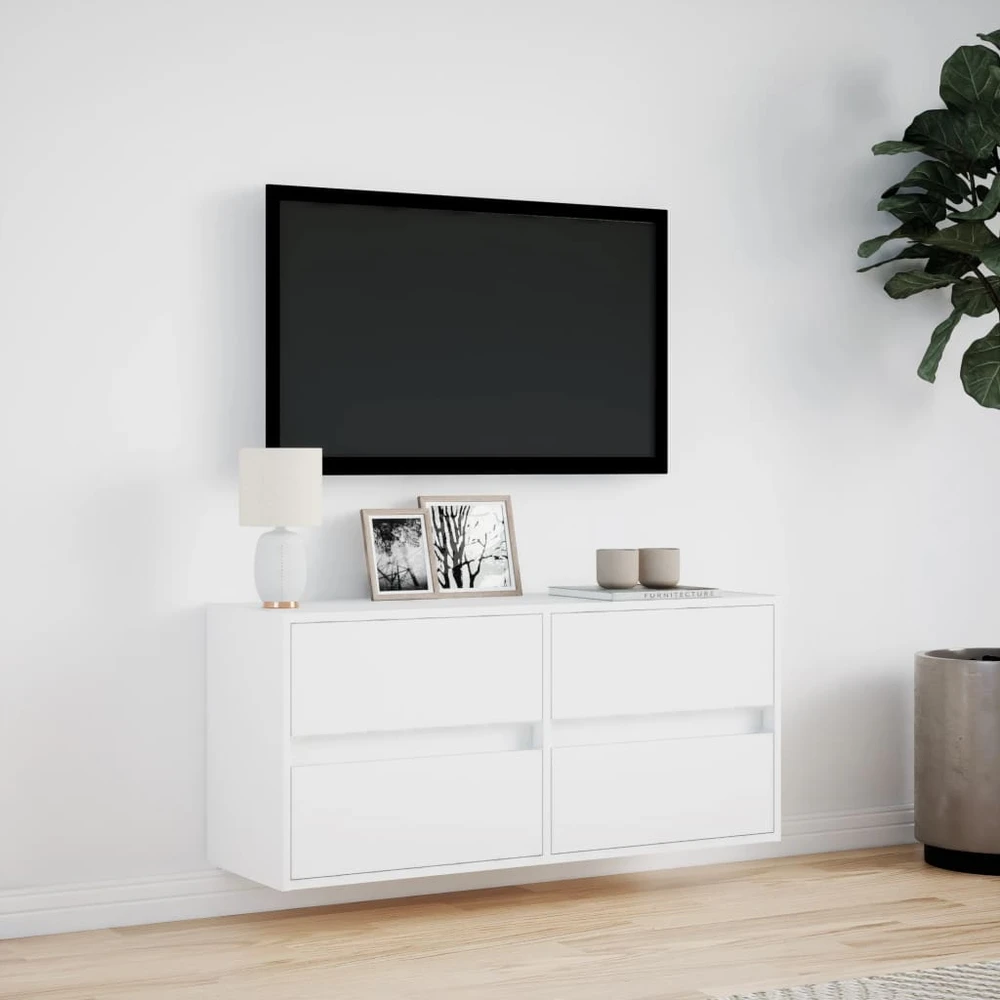 TV staliukas Sieninė TV spintelė su LED lemputėmis, balta, 100x31x45cm