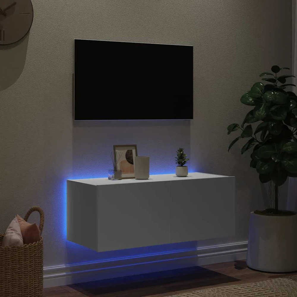 TV staliukas Sieninė TV spintelė su LED lemputėmis, balta, 80x35x31cm