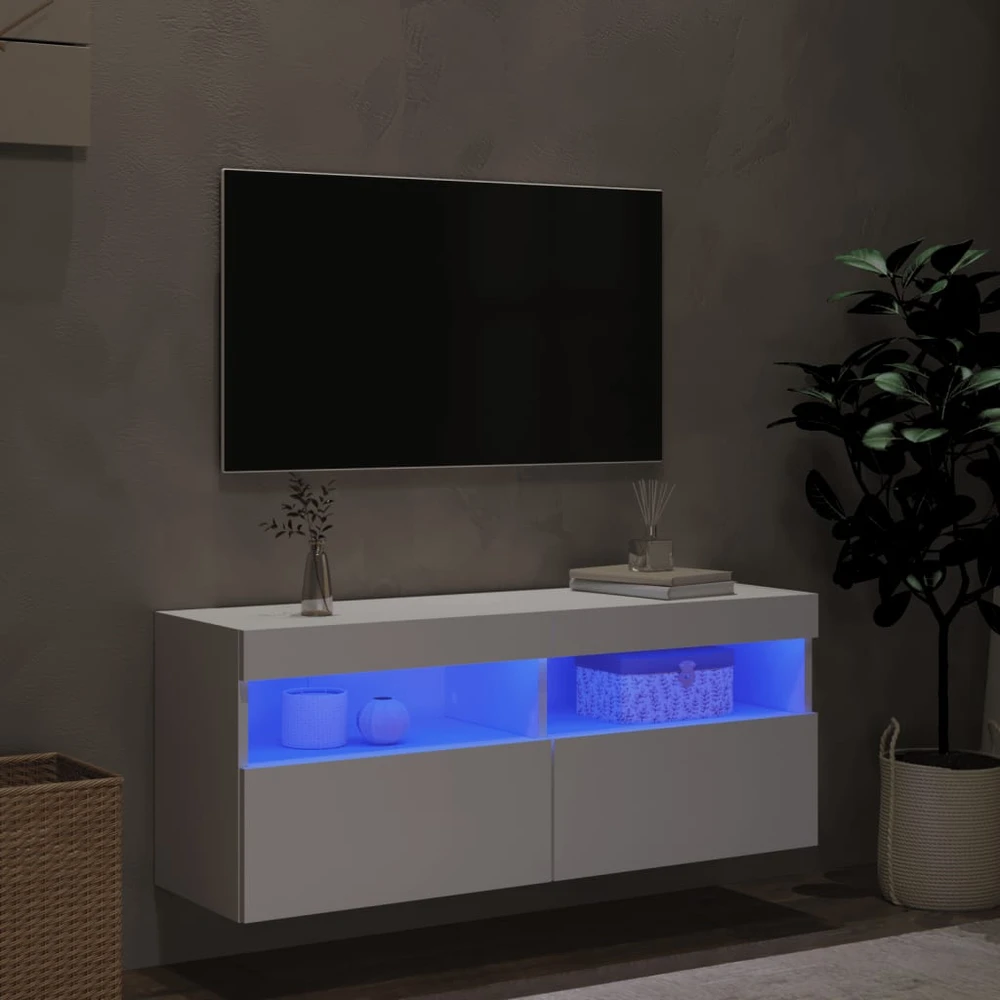 TV staliukas Sieninė TV spintelė su LED lemputėmis, balta, 100x30x40cm