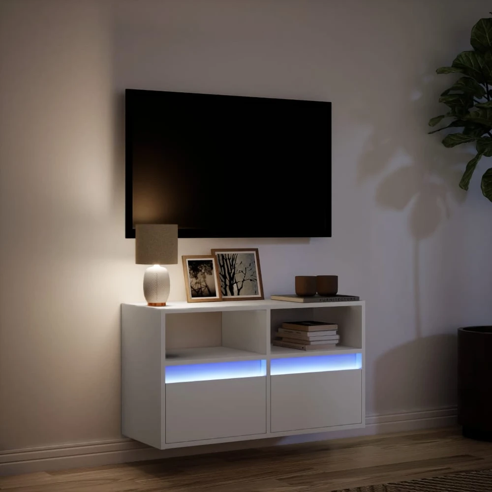 TV staliukas Sieninė TV spintelė su LED lemputėmis, balta, 80x31x45cm