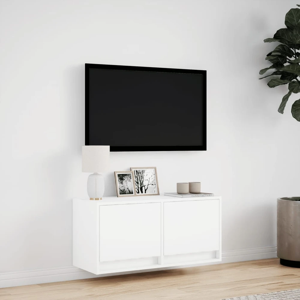 TV staliukas Sieninė TV spintelė su LED lemputėmis, balta, 80x31x35cm