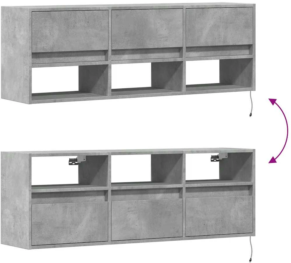 TV staliukas Sieninė TV spintelė su LED lemputėmis, betono, 130x31x45 cm