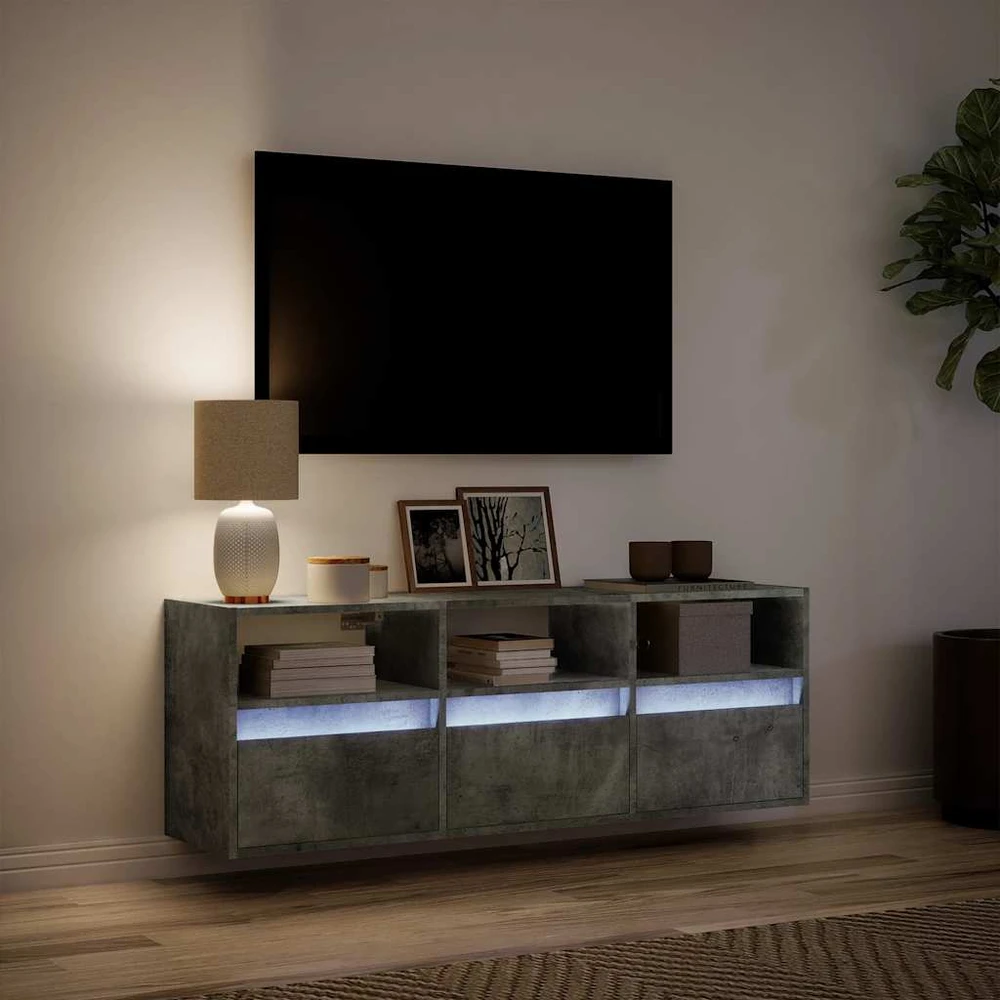 TV staliukas Sieninė TV spintelė su LED lemputėmis, betono, 130x31x45 cm