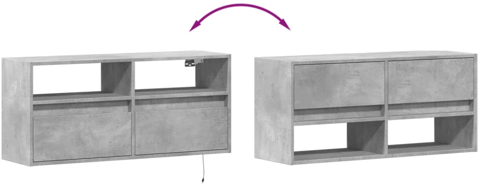 TV staliukas Sieninė TV spintelė su LED lemputėmis, betono, 100x31x45cm