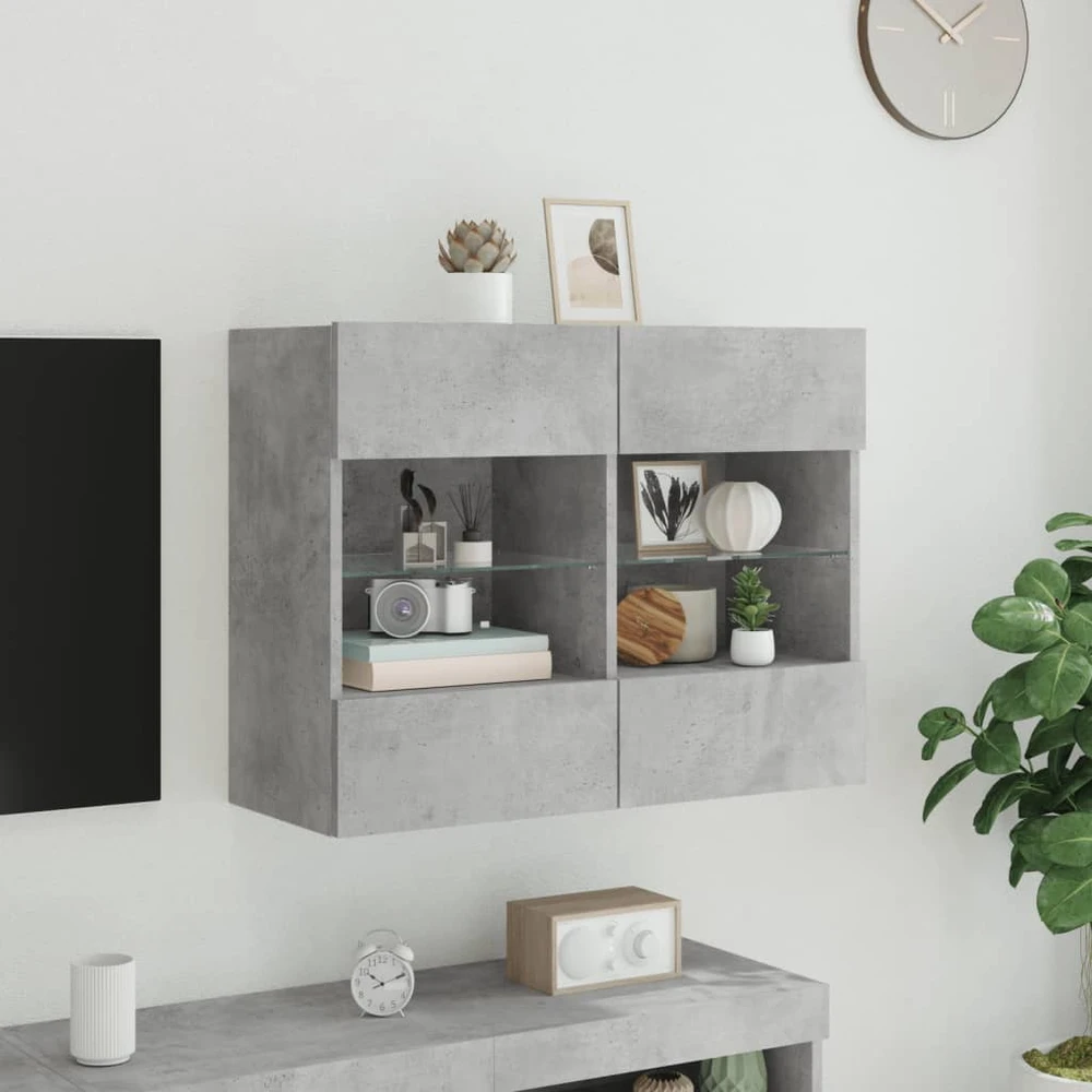 TV staliukas Sieninė TV spintelė su LED lemputėmis, betono, 78,5x30x60,5cm