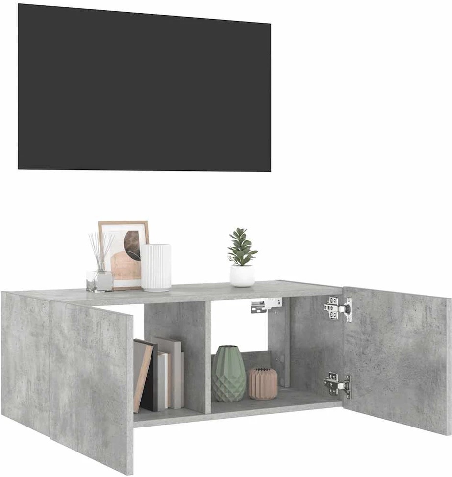 TV staliukas Sieninė TV spintelė su LED lemputėmis, betono pilka, 80x35x31cm