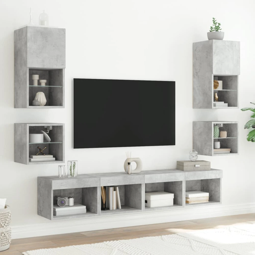 TV staliukas Sieninė TV spintelė su LED lemputėmis, betono, 30x28,5x30cm