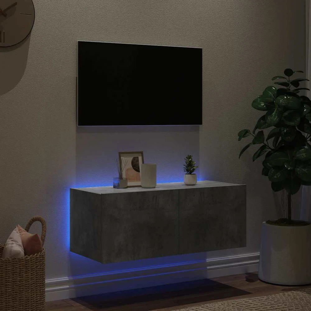 TV staliukas Sieninė TV spintelė su LED lemputėmis, betono pilka, 80x35x31cm