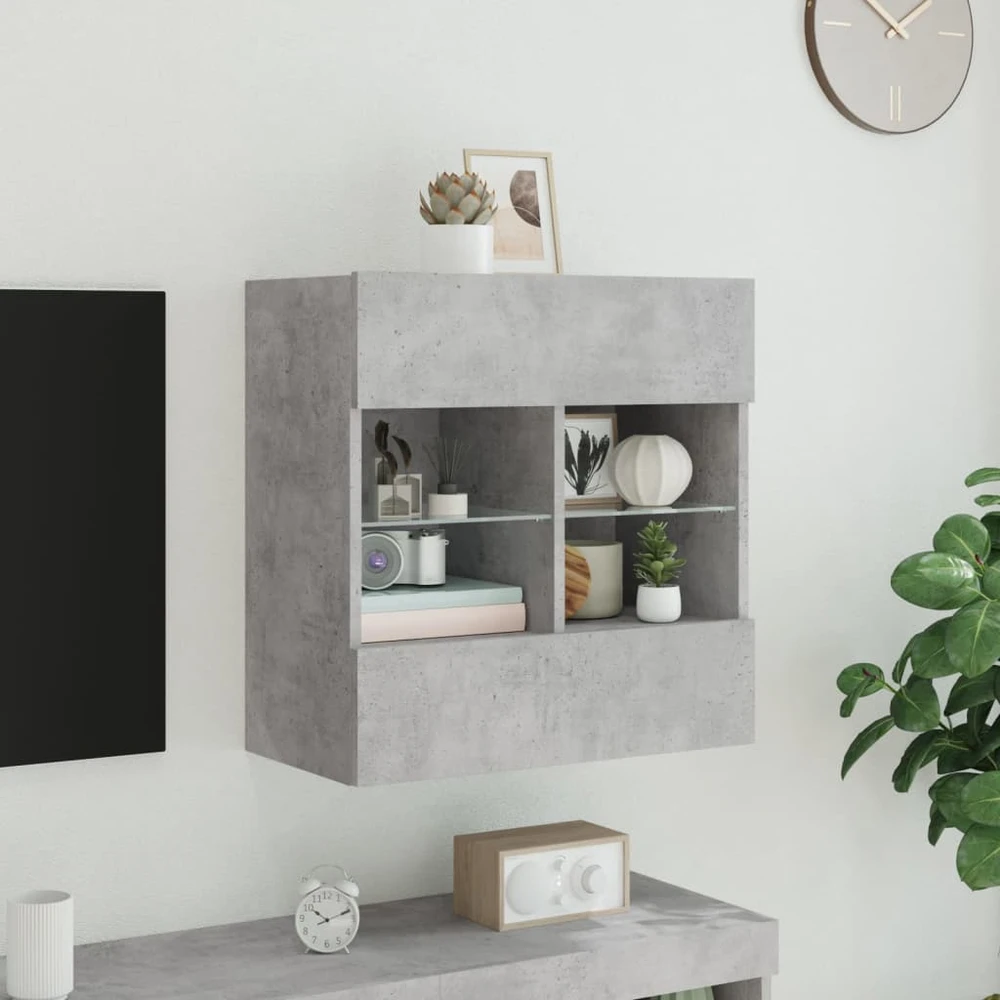 TV staliukas Sieninė TV spintelė su LED lemputėmis, betono, 58,5x30x60,5cm