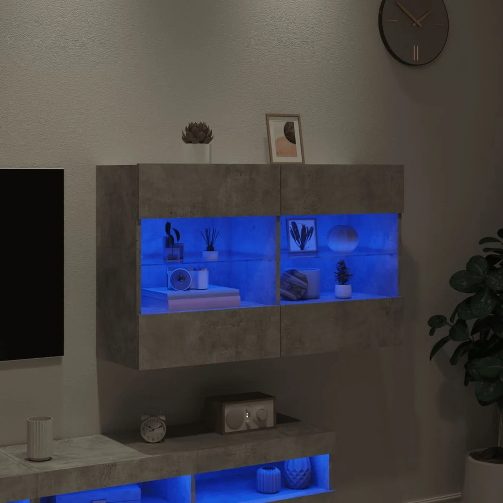 TV staliukas Sieninė TV spintelė su LED lemputėmis, betono, 98,5x30x60,5cm