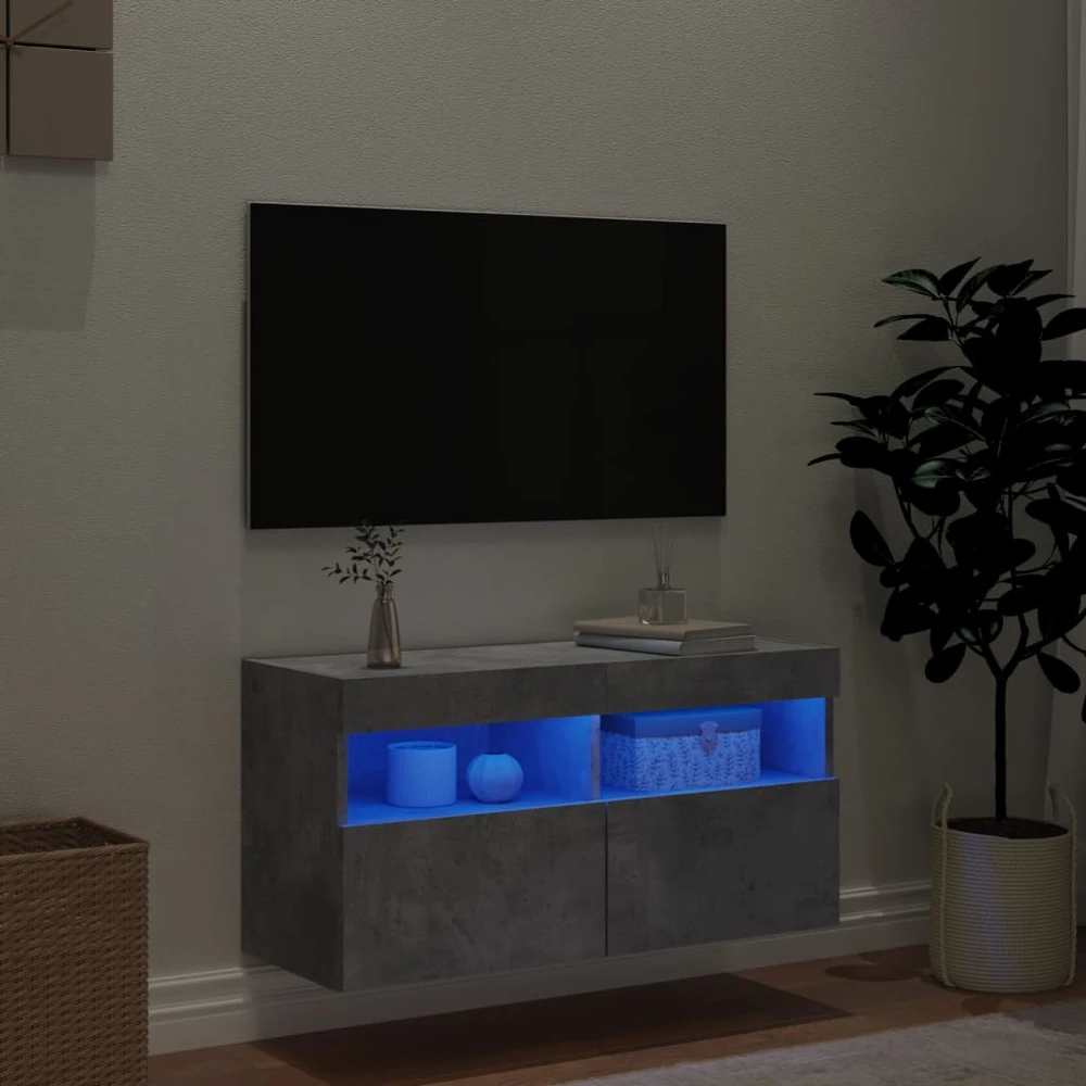 TV staliukas Sieninė TV spintelė su LED lemputėmis, betono pilka, 80x30x40cm