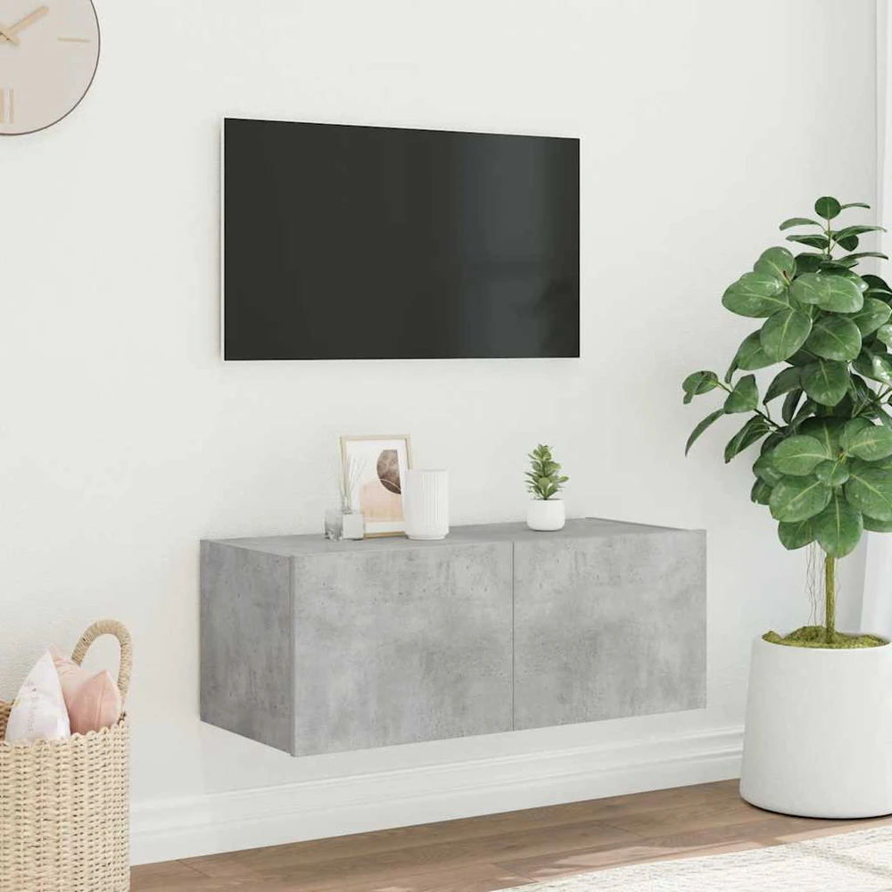 TV staliukas Sieninė TV spintelė su LED lemputėmis, betono pilka, 80x35x31cm