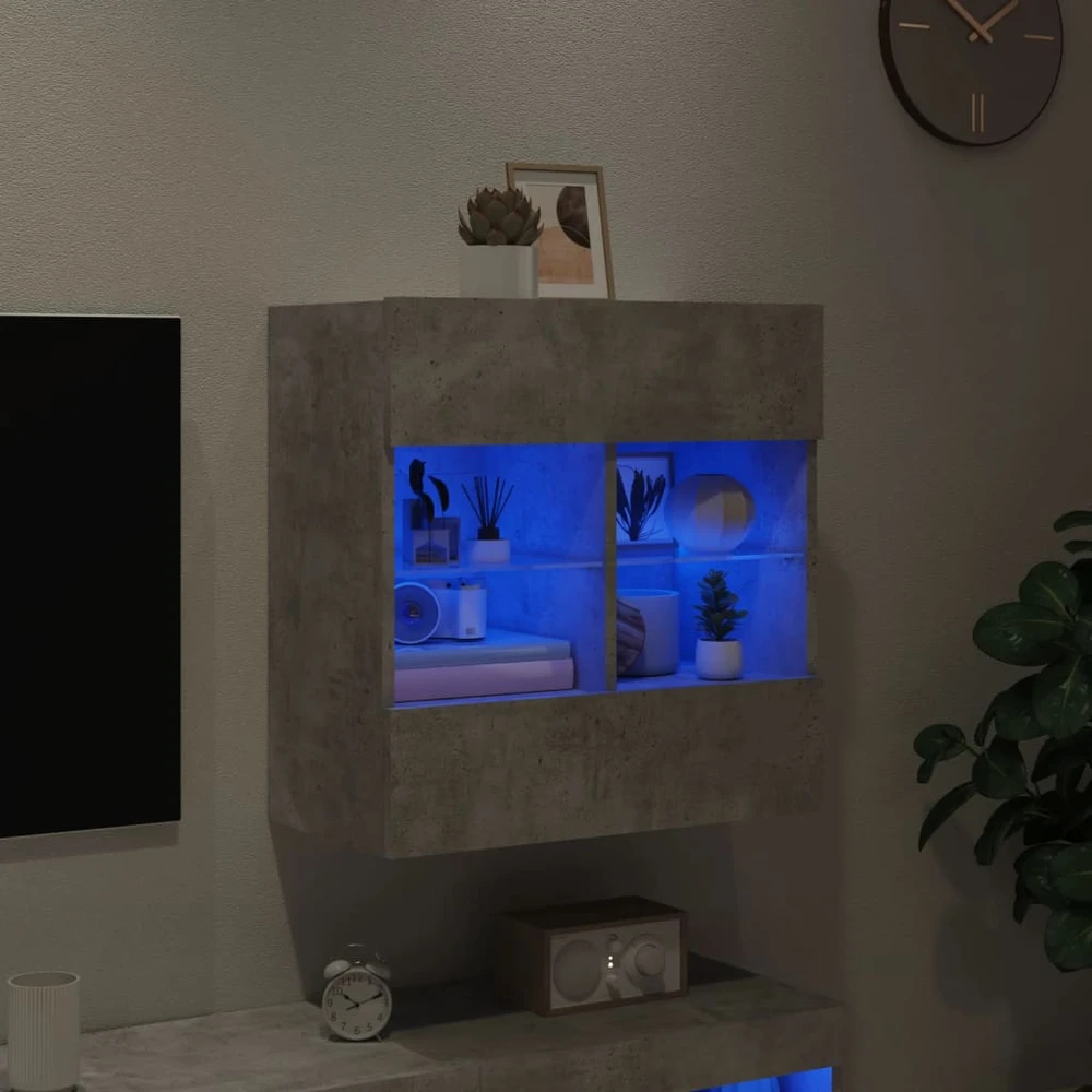 TV staliukas Sieninė TV spintelė su LED lemputėmis, betono, 58,5x30x60,5cm