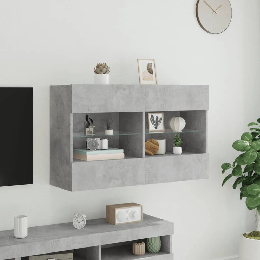 TV staliukas Sieninė TV spintelė su LED lemputėmis, betono, 98,5x30x60,5cm