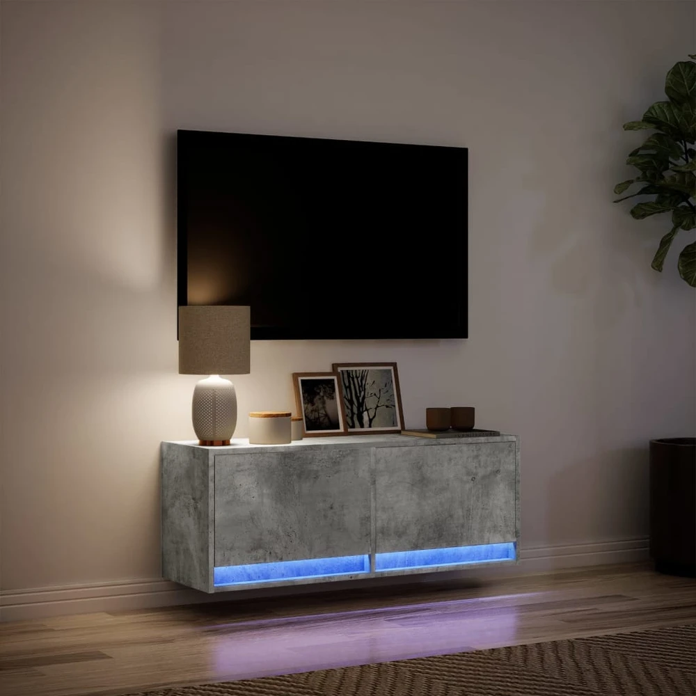 TV staliukas Sieninė TV spintelė su LED lemputėmis, betono, 100x31x35cm