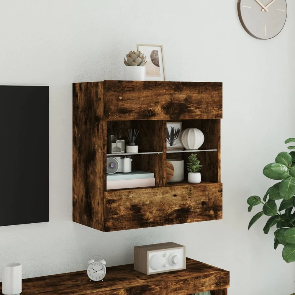 TV staliukas Sieninė TV spintelė su LED lemputėmis, dūminė, 58,5x30x60,5cm