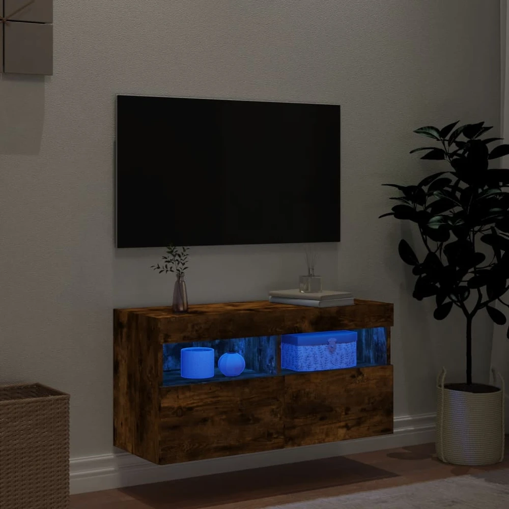TV staliukas Sieninė TV spintelė su LED lemputėmis, dūminė, 80x30x40cm