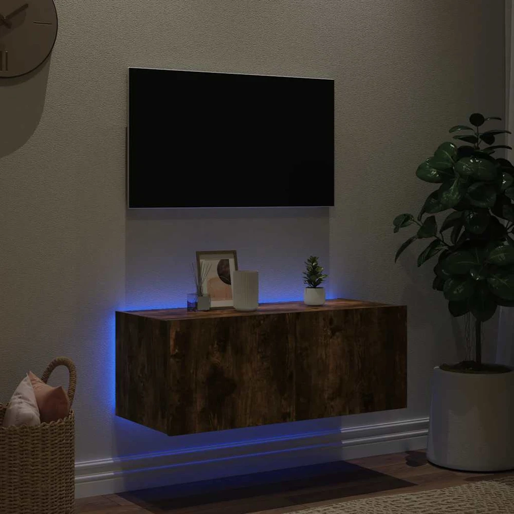 TV staliukas Sieninė TV spintelė su LED lemputėmis, dūminė, 80x35x31cm