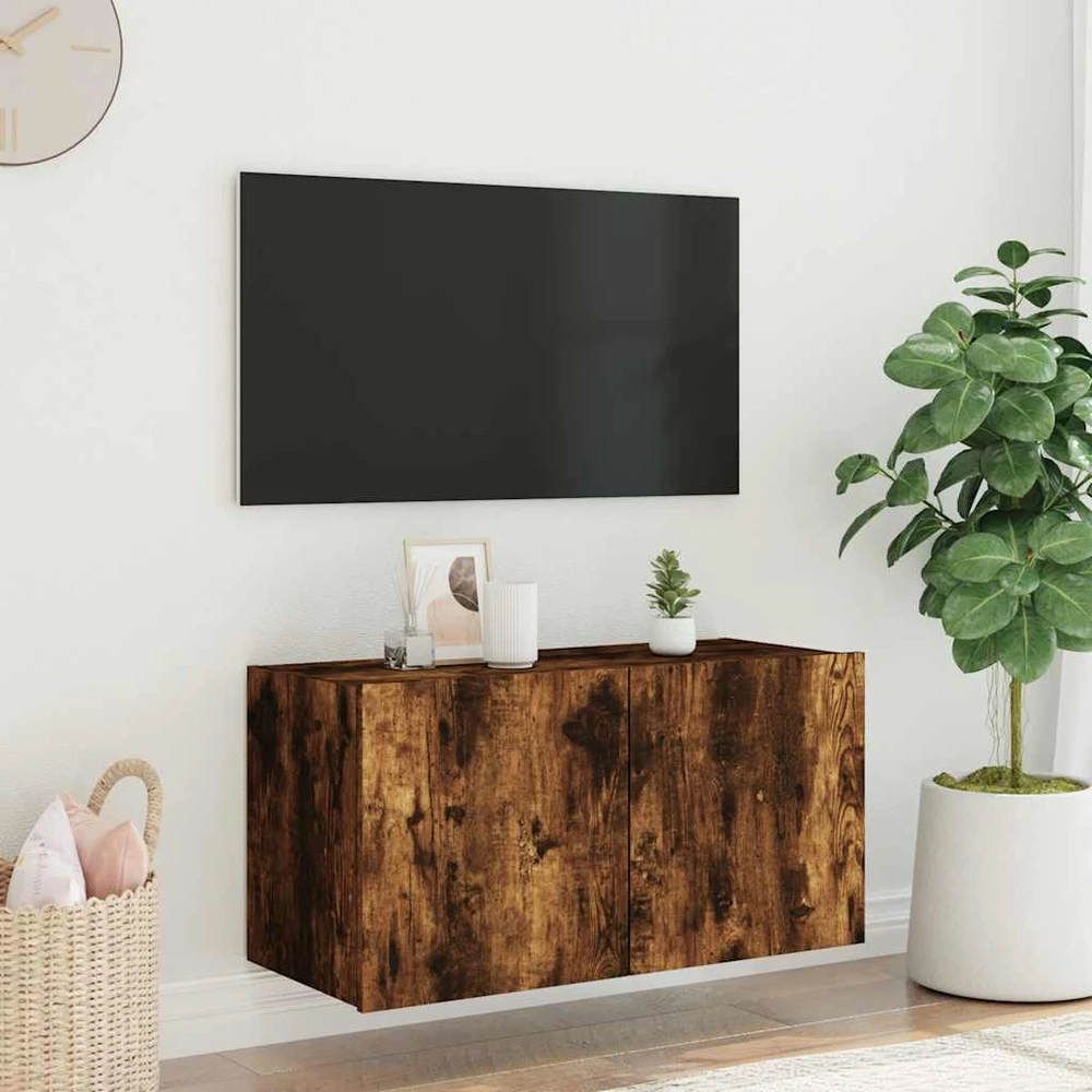 TV staliukas Sieninė TV spintelė su LED lemputėmis, dūminė, 80x35x41cm