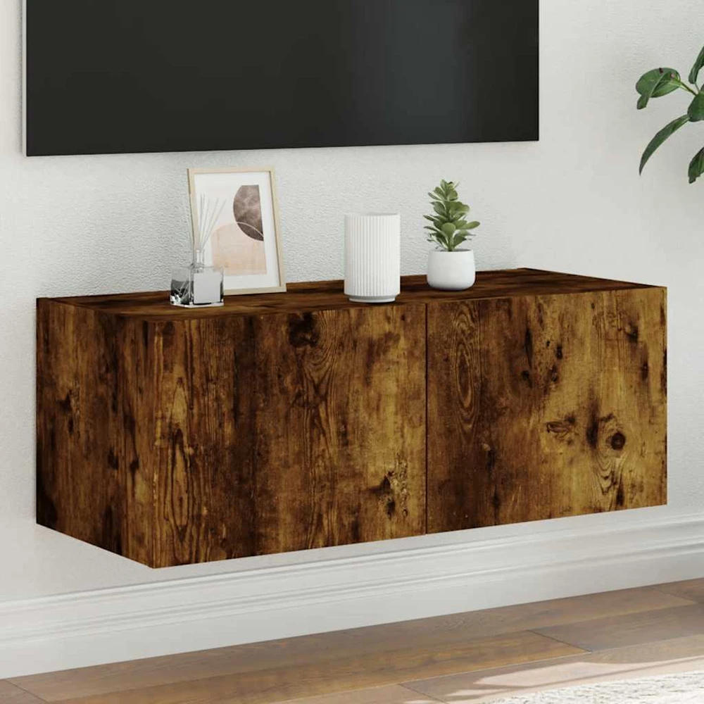 TV staliukas Sieninė TV spintelė su LED lemputėmis, dūminė, 80x35x31cm