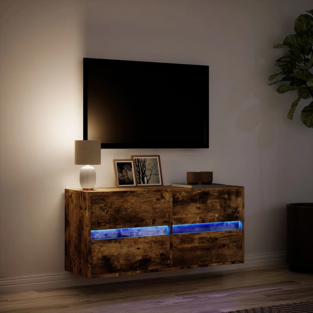 TV staliukas Sieninė TV spintelė su LED lemputėmis, dūminė, 100x31x45cm