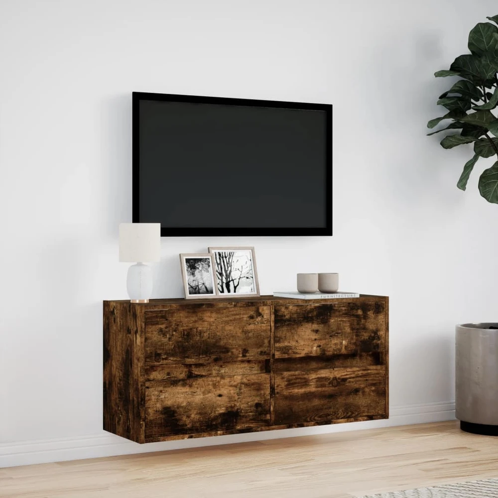 TV staliukas Sieninė TV spintelė su LED lemputėmis, dūminė, 100x31x45cm
