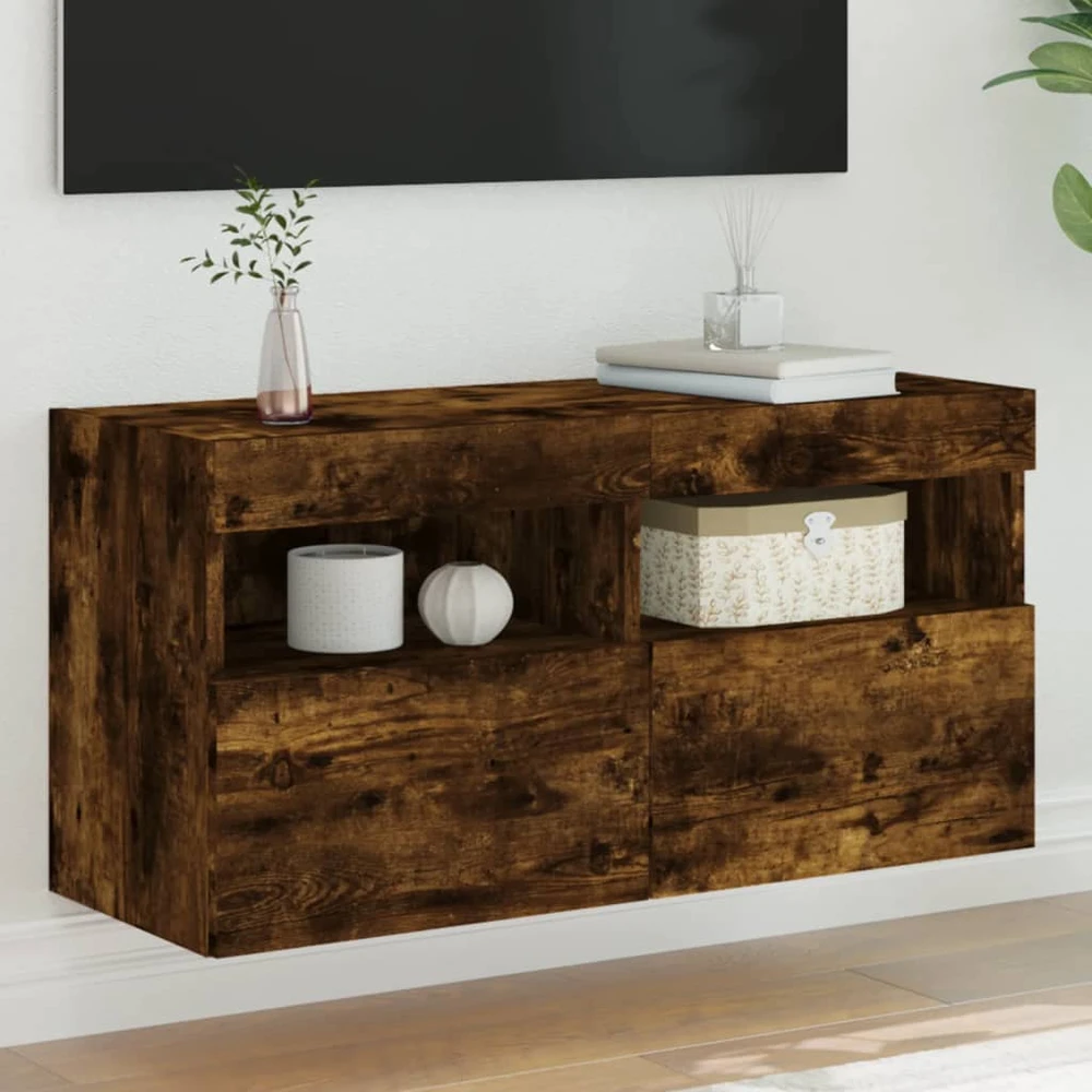 TV staliukas Sieninė TV spintelė su LED lemputėmis, dūminė, 80x30x40cm