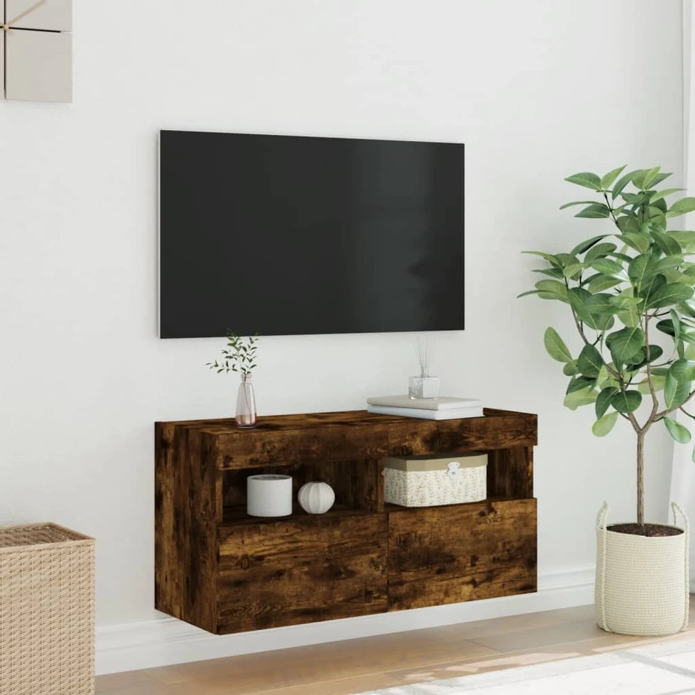 TV staliukas Sieninė TV spintelė su LED lemputėmis, dūminė, 80x30x40cm
