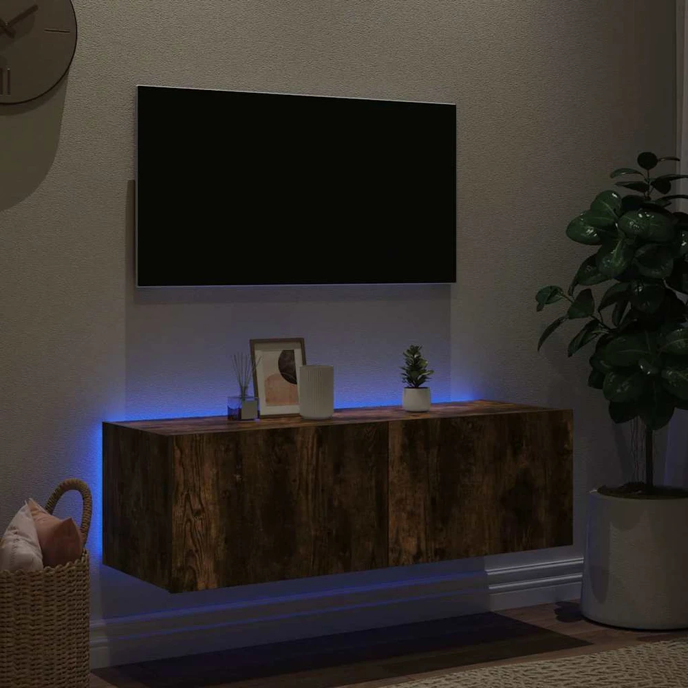 TV staliukas Sieninė TV spintelė su LED lemputėmis, dūminė, 100x35x31cm