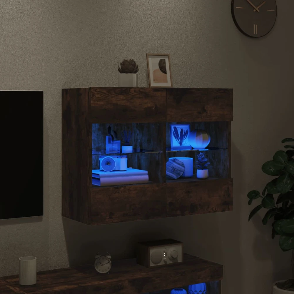 TV staliukas Sieninė TV spintelė su LED lemputėmis, dūminė, 78,5x30x60,5cm