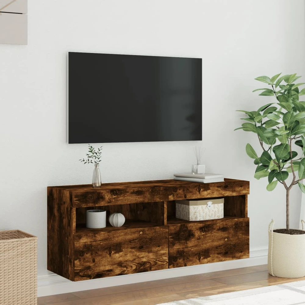 TV staliukas Sieninė TV spintelė su LED lemputėmis, dūminė, 100x30x40cm