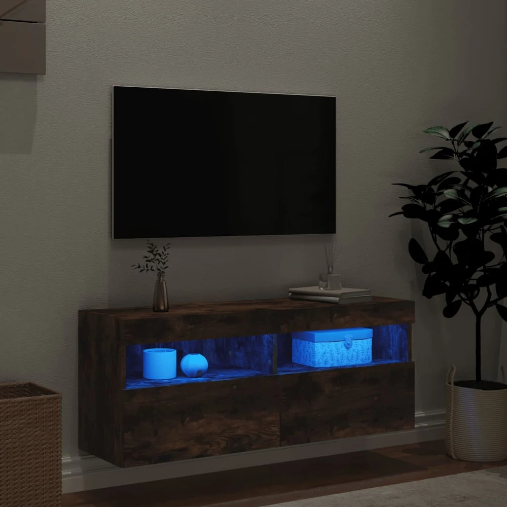 TV staliukas Sieninė TV spintelė su LED lemputėmis, dūminė, 100x30x40cm