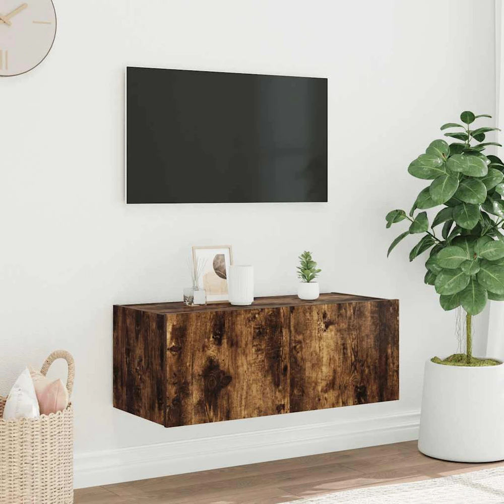 TV staliukas Sieninė TV spintelė su LED lemputėmis, dūminė, 80x35x31cm