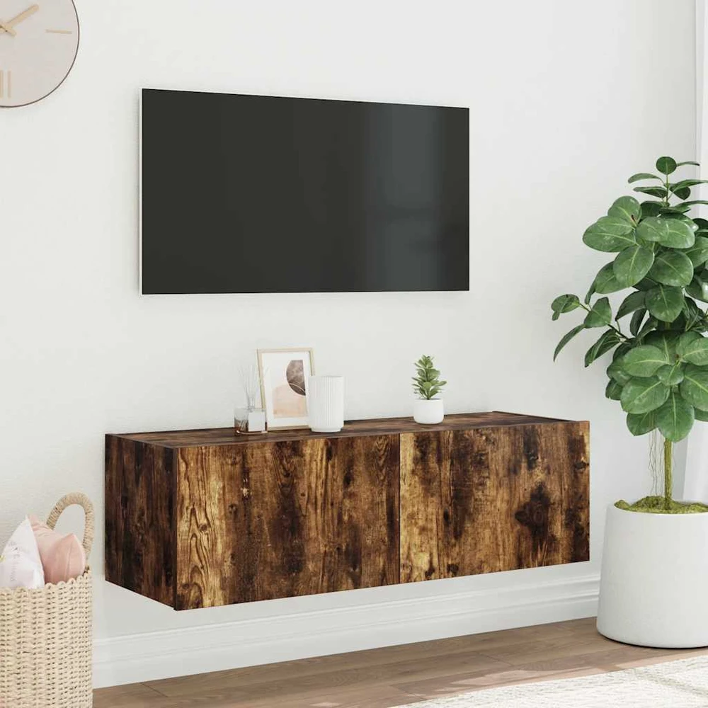 TV staliukas Sieninė TV spintelė su LED lemputėmis, dūminė, 100x35x31cm